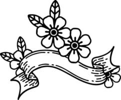 traditional black linework tattoo with banner of a flower vector