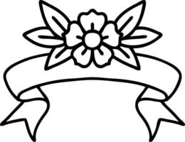 traditional black linework tattoo with banner of a flower vector