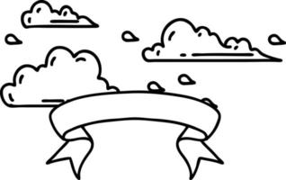 scroll banner with black line work tattoo style floating clouds vector