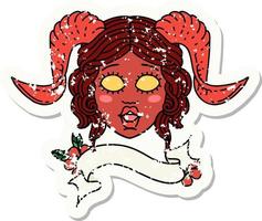 grunge sticker of a tiefling character face with scroll banner vector