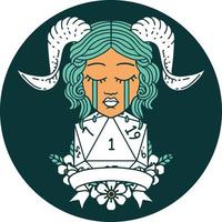 icon of crying tiefling face with natural 1 D20 Dice vector