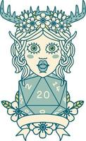 Retro Tattoo Style elf druid character with natural 20 dice roll vector