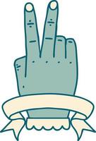 Retro Tattoo Style victory v hand gesture with banner vector