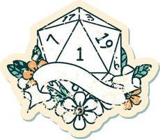 Retro Tattoo Style natural one d20 dice roll vector