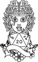 Black and White Tattoo linework Style elf barbarian character face with natural twenty dice roll vector