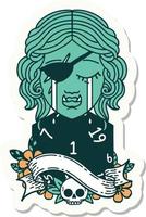 sticker of a crying orc rogue character face with natural one D20 roll vector