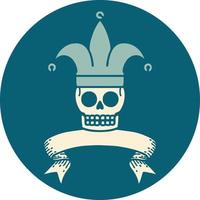 icono de estilo de tatuaje con pancarta de un bufón de calavera vector