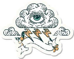 worn old sticker with banner of an all seeing eye cloud vector