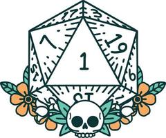 Retro Tattoo Style natural one dice roll with floral elements vector