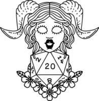 Black and White Tattoo linework Style tiefling with natural twenty dice roll vector