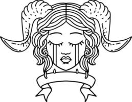 Black and White Tattoo linework Style crying tiefling with scroll banner vector