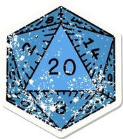 grunge sticker of a natural 20 D20 dice roll vector