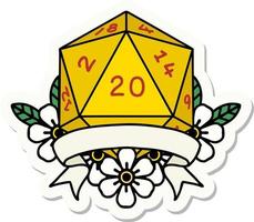 sticker of a natural 20 critical hit D20 dice roll vector