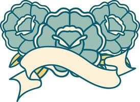 traditional tattoo with banner of a bouquet of flowers vector