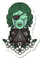 sticker of a crying half orc rogue character with natural one D20 roll vector