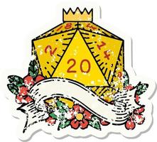 grunge sticker of a natural twenty D20 dice roll vector