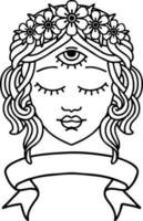 traditional black linework tattoo with banner of female face with third eye and crown of flowers vector