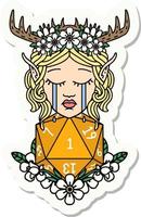 sticker of a crying elf druid character face with natural one D20 roll vector