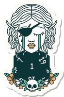 sticker of a crying elf rogue character face with natural one D20 roll vector