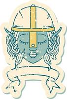 Retro Tattoo Style elf fighter character face with banner vector