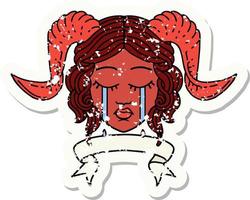 Retro Tattoo Style crying tiefling character face with scroll banner vector