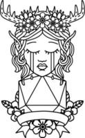 tatuaje en blanco y negro estilo de línea cara de personaje de druida duende triste con un rollo natural d20 vector