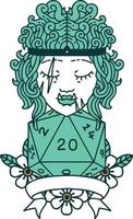 Retro Tattoo Style half orc barbarian character with natural 20 dice roll vector