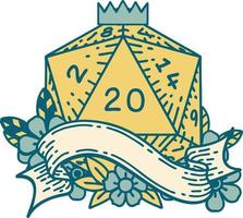Retro Tattoo Style natural twenty D20 dice roll vector