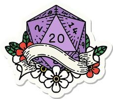 sticker of a natural twenty D20 dice roll vector