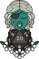 Retro Tattoo Style half orc rogue with natural twenty dice roll vector