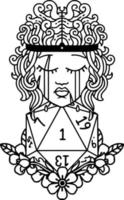 Black and White Tattoo linework Style crying human barbarian with natural one D20 roll vector