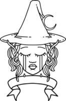 Black and White Tattoo linework Style crying elf mage character face wiht banner vector