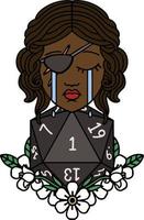 Retro Tattoo Style crying human rogue with natural one d20 roll vector