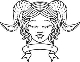 Black and White Tattoo linework Style tiefling character face with scroll banner vector