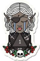 sticker of a crying elf rogue character face with natural one D20 roll vector