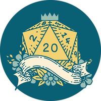 Retro Tattoo Style natural twenty D20 dice roll vector