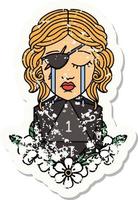 grunge sticker of a crying human rogue with natural one d20 roll vector