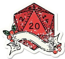 grunge sticker of a natural twenty D20 dice roll vector