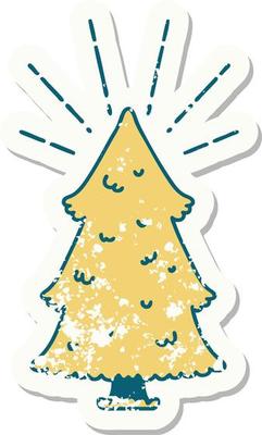 worn old sticker of a tattoo style pine tree