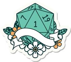 sticker of a natural one d20 dice roll vector