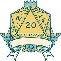 estilo de tatuaje retro natural 20 golpe crítico d20 tirada de dados vector