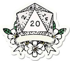 grunge sticker of a natural 20 critical hit D20 dice roll vector