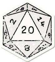 grunge sticker of a natural 20 D20 dice roll vector