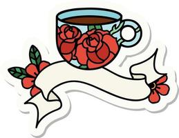 tattoo style sticker with banner of a cup and flowers vector