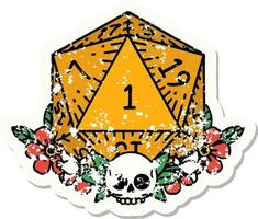 grunge sticker of a natural one dice roll with floral elements vector