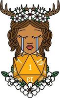 Retro Tattoo Style crying human druid with natural one D20 roll vector