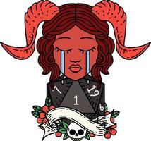 Retro Tattoo Style crying tiefling with natural one D20 dice roll vector