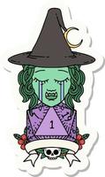 sticker of a crying half orc witch character with natural one roll vector