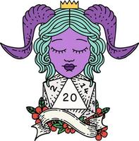 Retro Tattoo Style tiefling with natural twenty dice roll vector