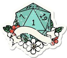 grunge sticker of a natural one d20 dice roll vector